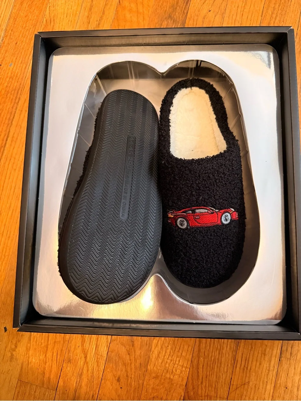Black Men's Slip-On Loafers with Red Car Embroidery